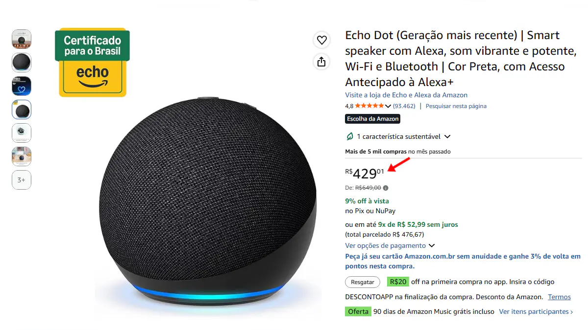 print da Tela de ofertas da Echo Dot 5 no site da Amazon