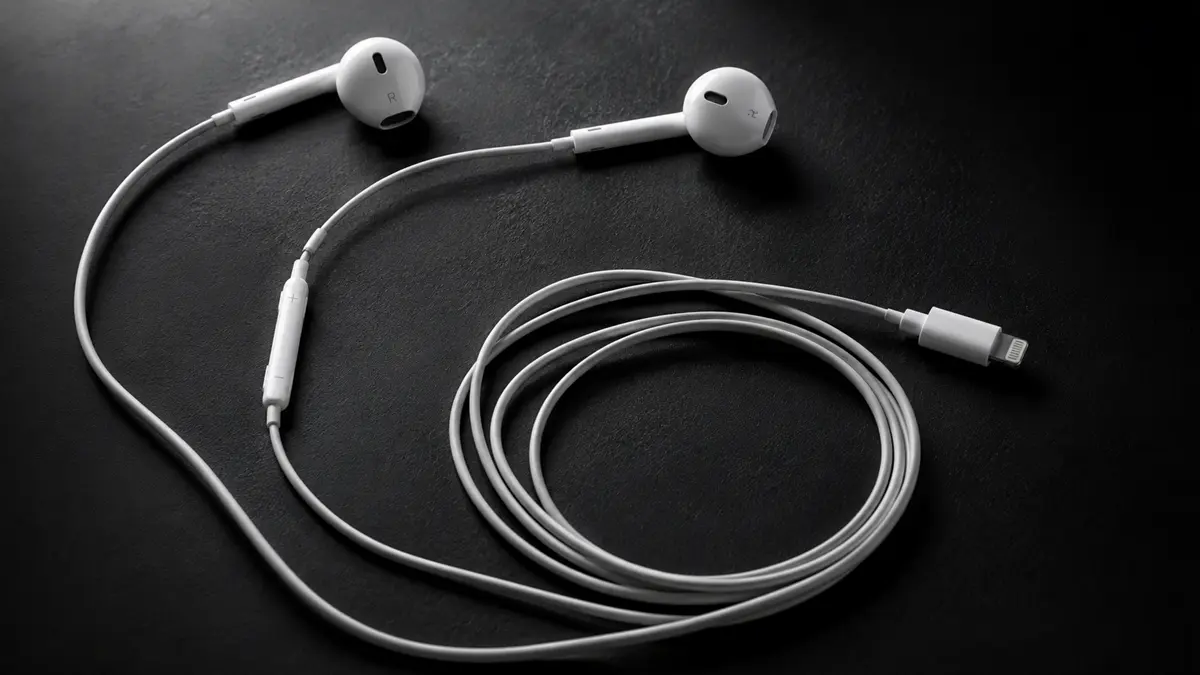 Imagem cinamatic de um fone com fio tipo c modelo Apple EarPods em um fundo escuro.