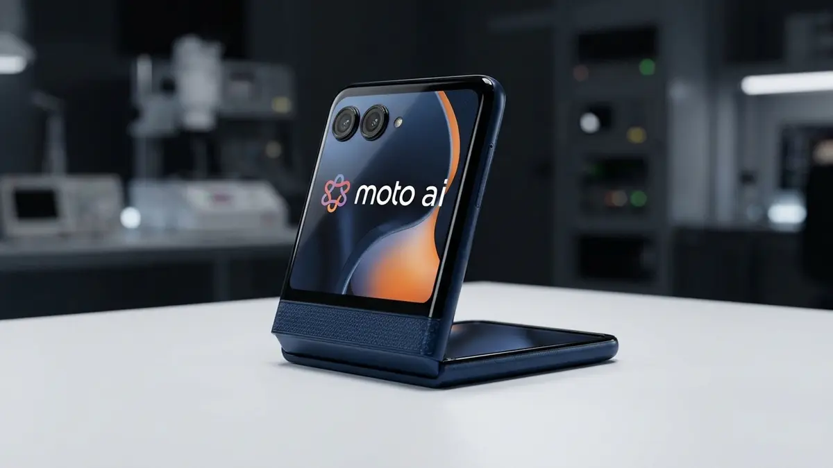 Motorola Razr 60 cor azul escuro sobre uma bancada branca.