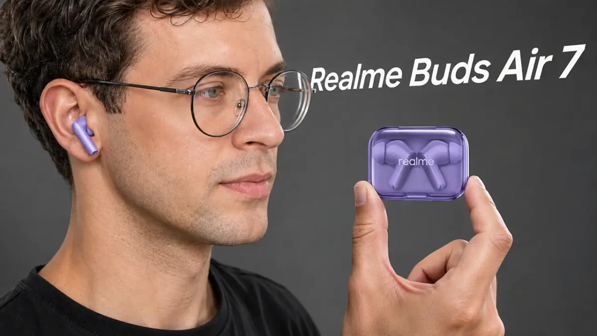 Uma pessoa usando os fones de ouvido Realme Buds Air 7