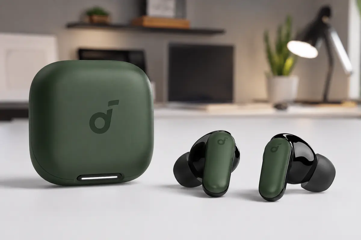 Soundcore P30i cor verde sobe uma mesa branca