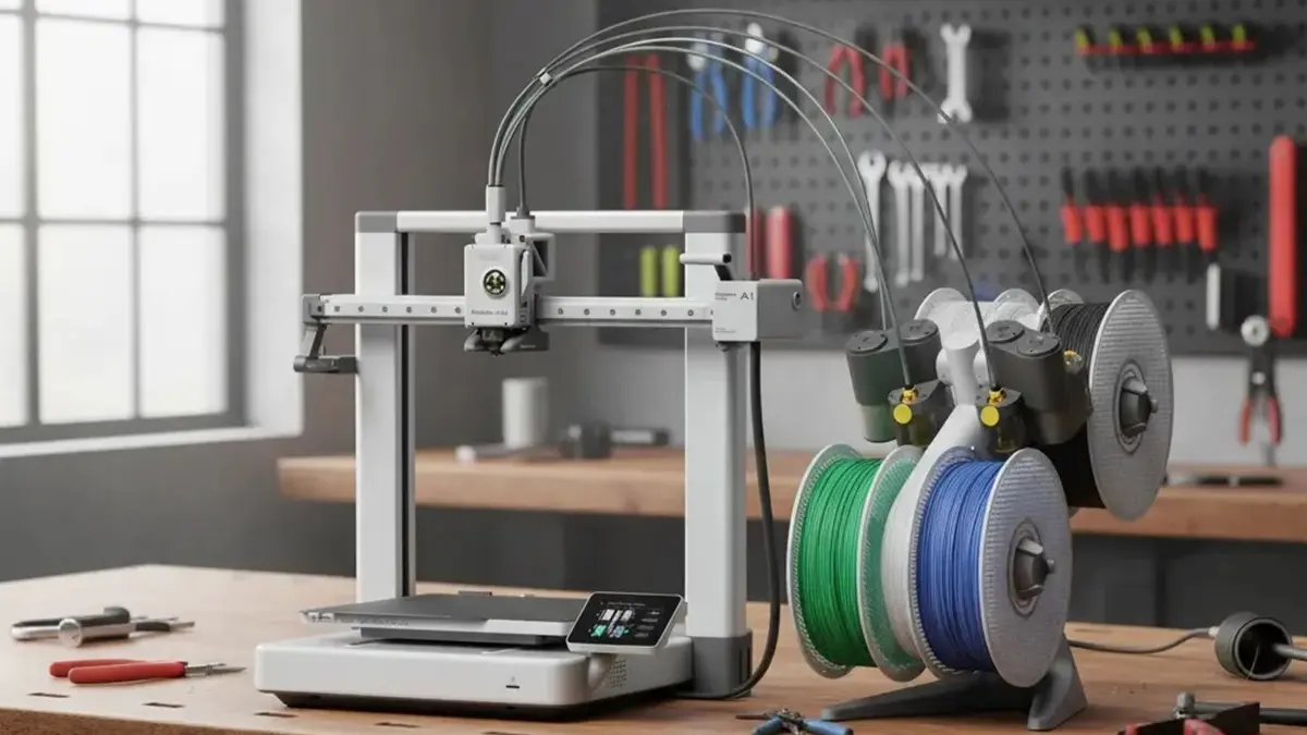 Impressora 3D Bambu Lab A1 sobe uma bancada de madeira.