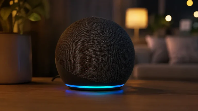 Echo Dot 5 sobre uma mesa de madeira com led azul aceso.
