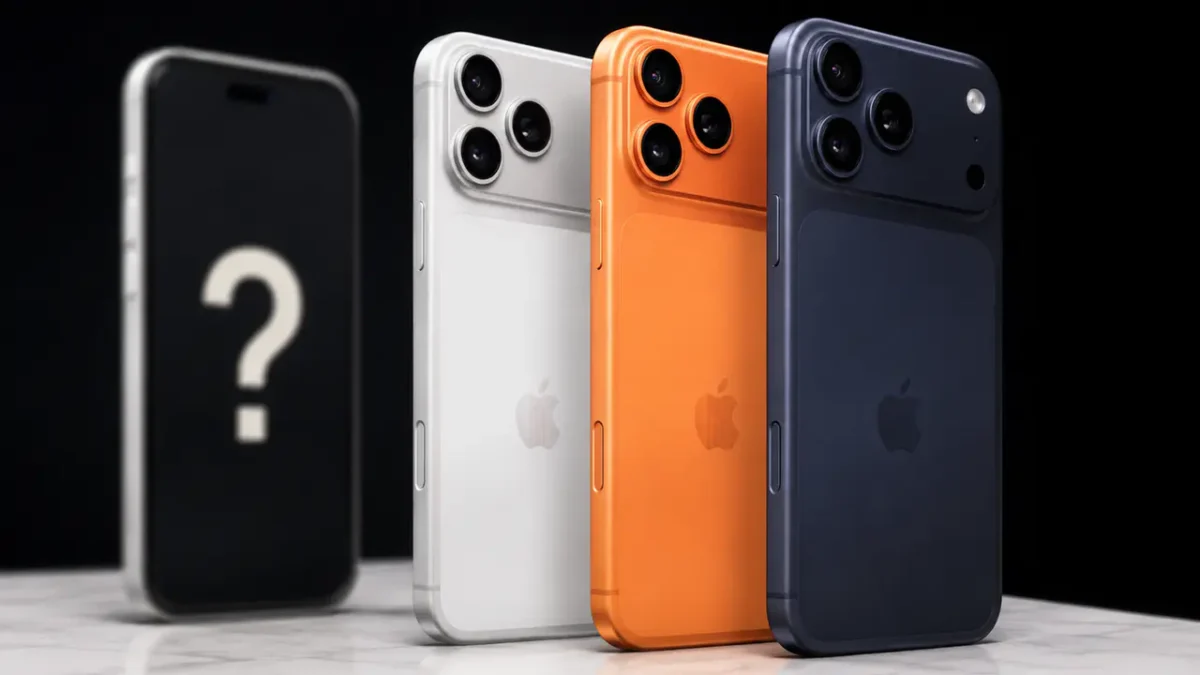 Vários iPhone 18 Pro de cores diferentes sobe uma mesa branca.