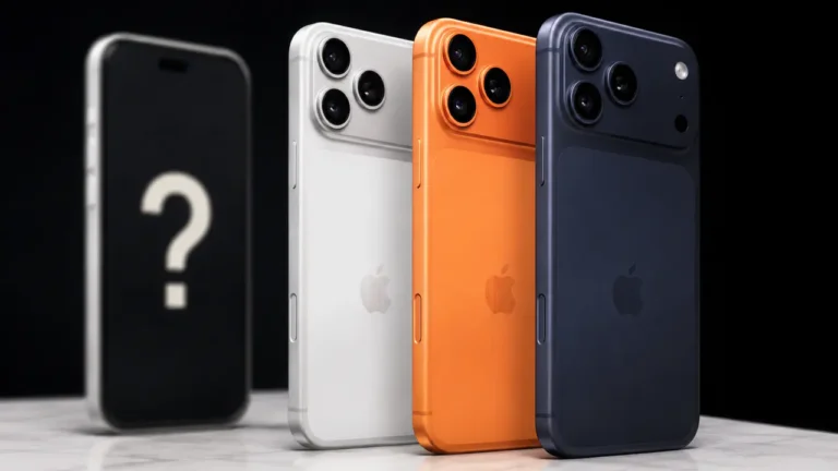 Vários iPhone 18 Pro de cores diferentes sobe uma mesa branca.