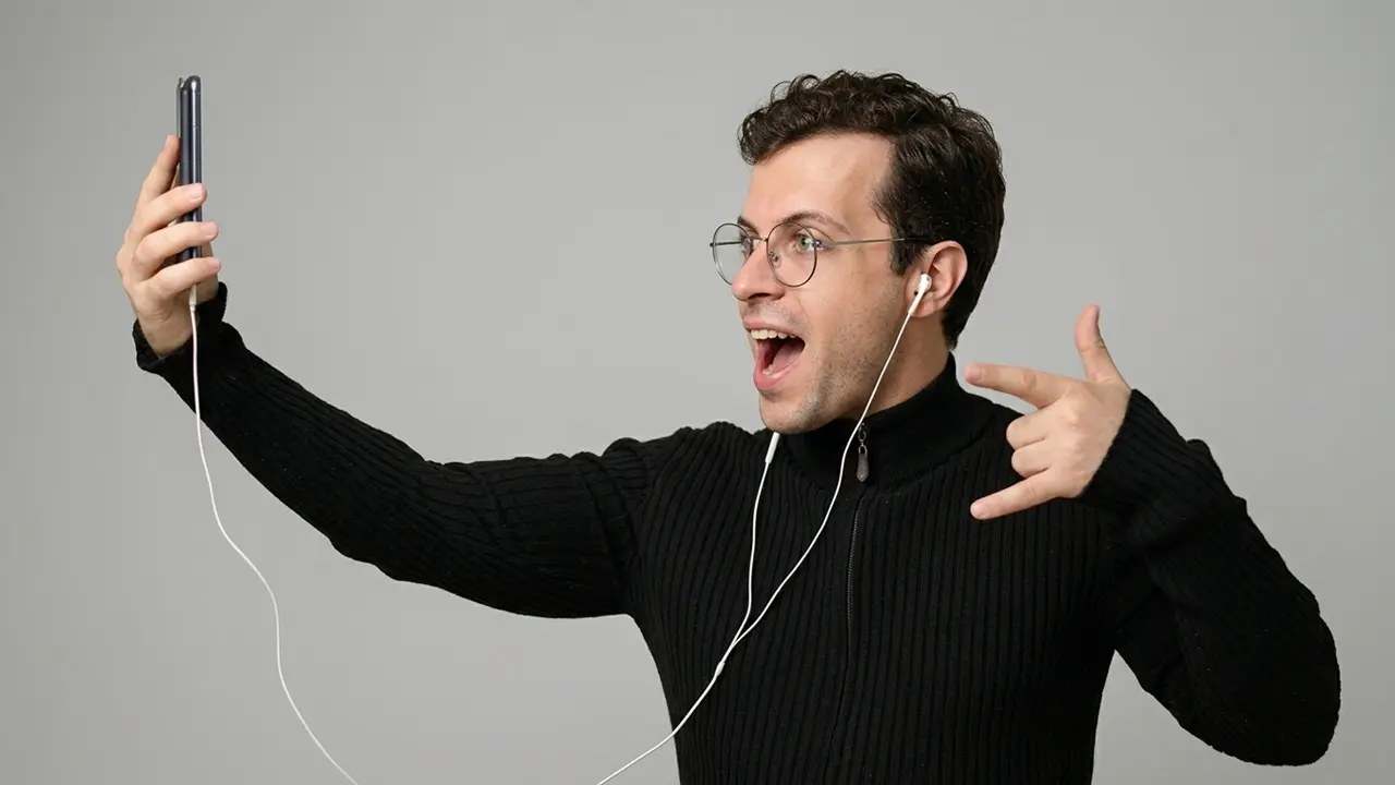 Uma pessoa usando fone com fico tipo c olhando para a tela do smartphone.