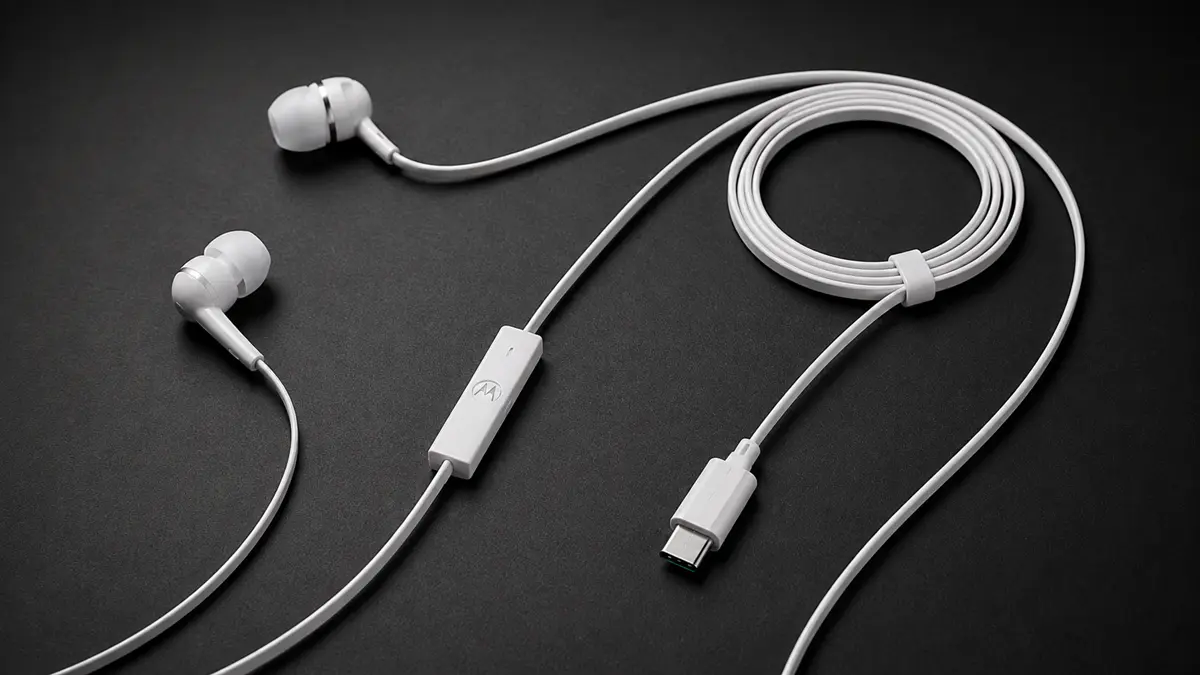 Imagem cinamatic de um fone com fio tipo c modelo Motorola Earbuds em um fundo escuro.