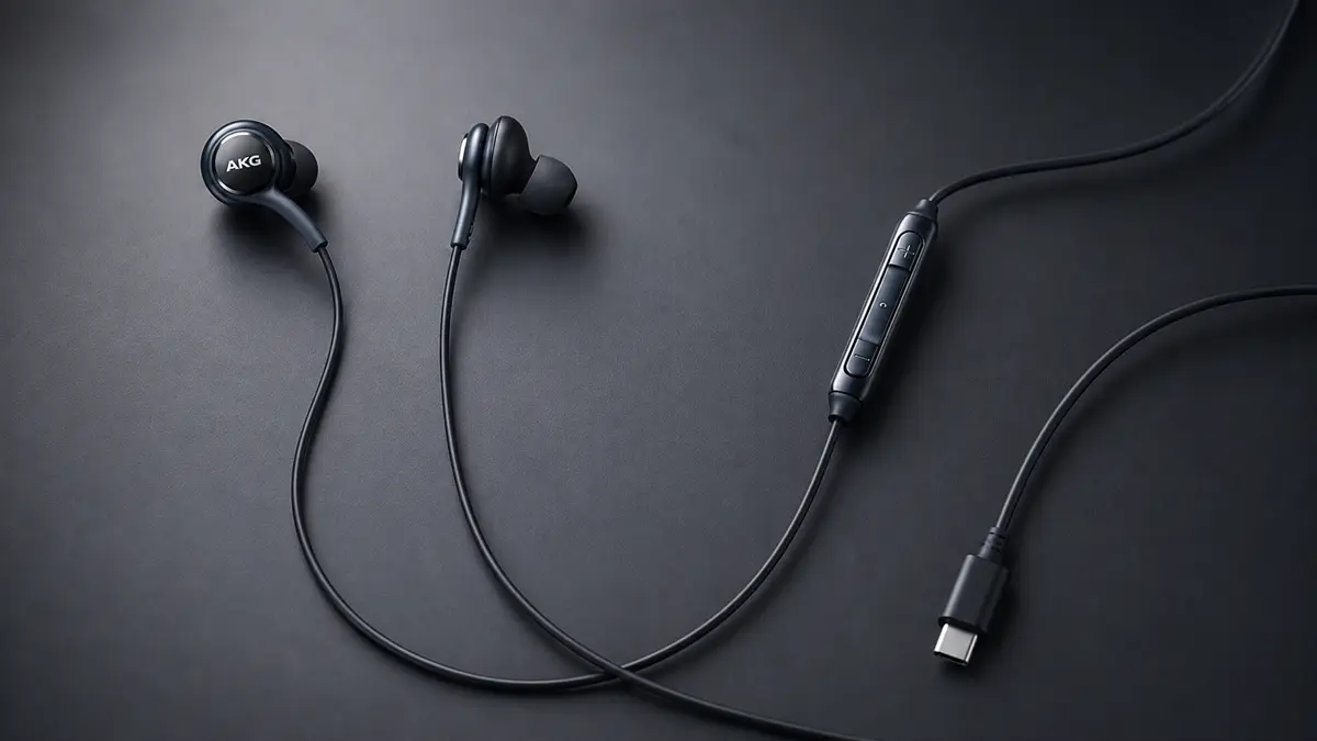 Imagem cinamatic de um fone com fio tipo c modelo Samsung AKG em um fundo escuro.