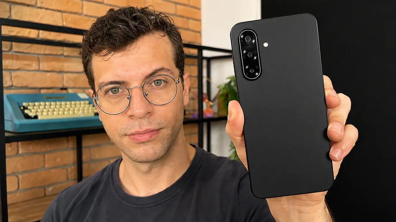 Homem de cabelos escuros e cacheados, usando óculos redondos, segura um smartphone samsung galaxy a17 5g preto em primeiro plano diante de uma parede de tijolos e estantes pretas, em ambiente interno com iluminação quente.