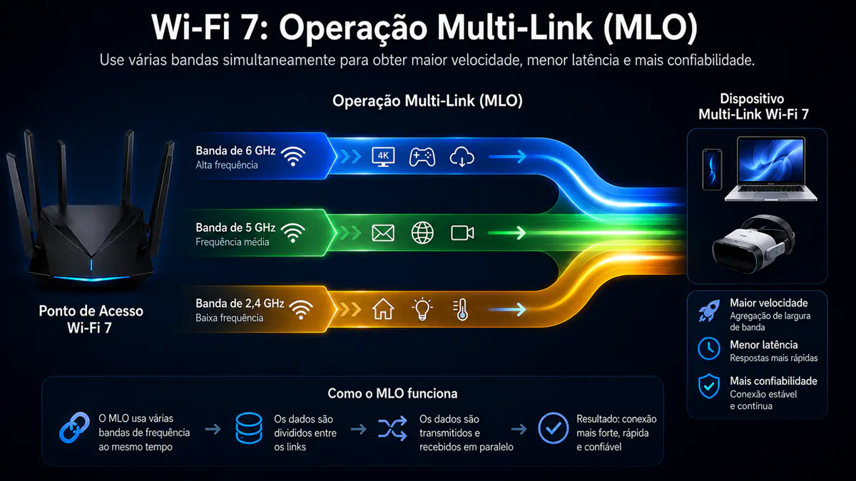 Diagrama explicando Multi-Link Operation do Wi-Fi 7 com três bandas de frequência
