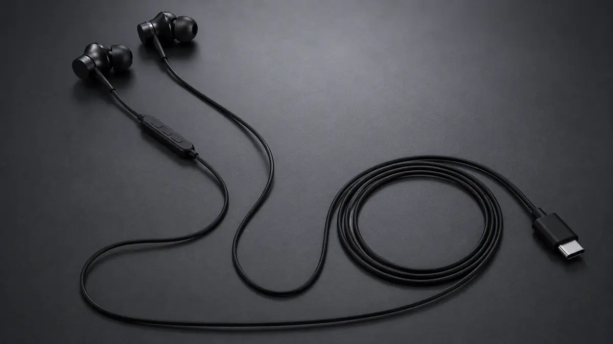 Imagem cinamatic de um fone com fio tipo c modelo Xiaomi Type-C Earphones em um fundo escuro. 
