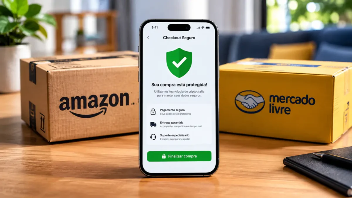 infográfico ou imagem ilustrativa sobre como comprar com segurança e evitar golpes na Amazon e Mercado Livre.