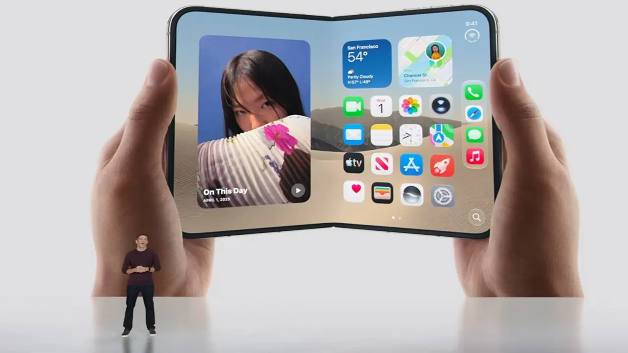 tela do iphone duo aberta em um painel de apresentação da apple.