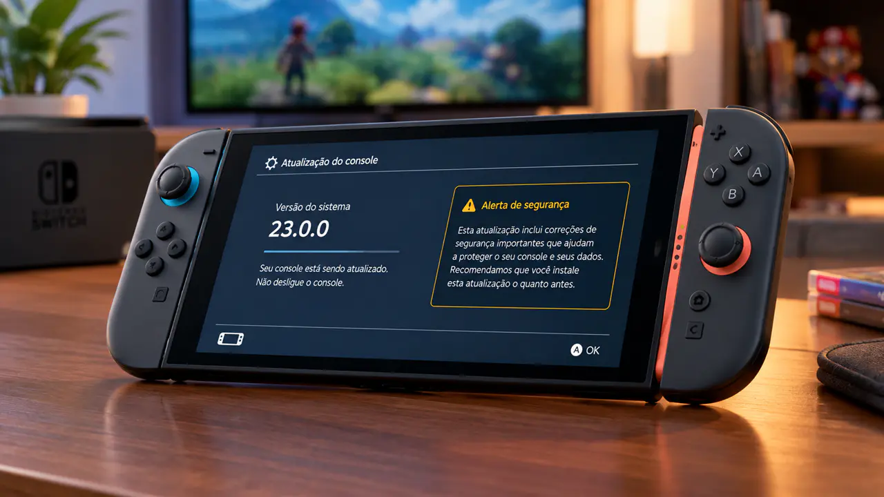 Nintendo Switch exibindo tela de atualização de sistema 23.0.0 com alerta de segurança