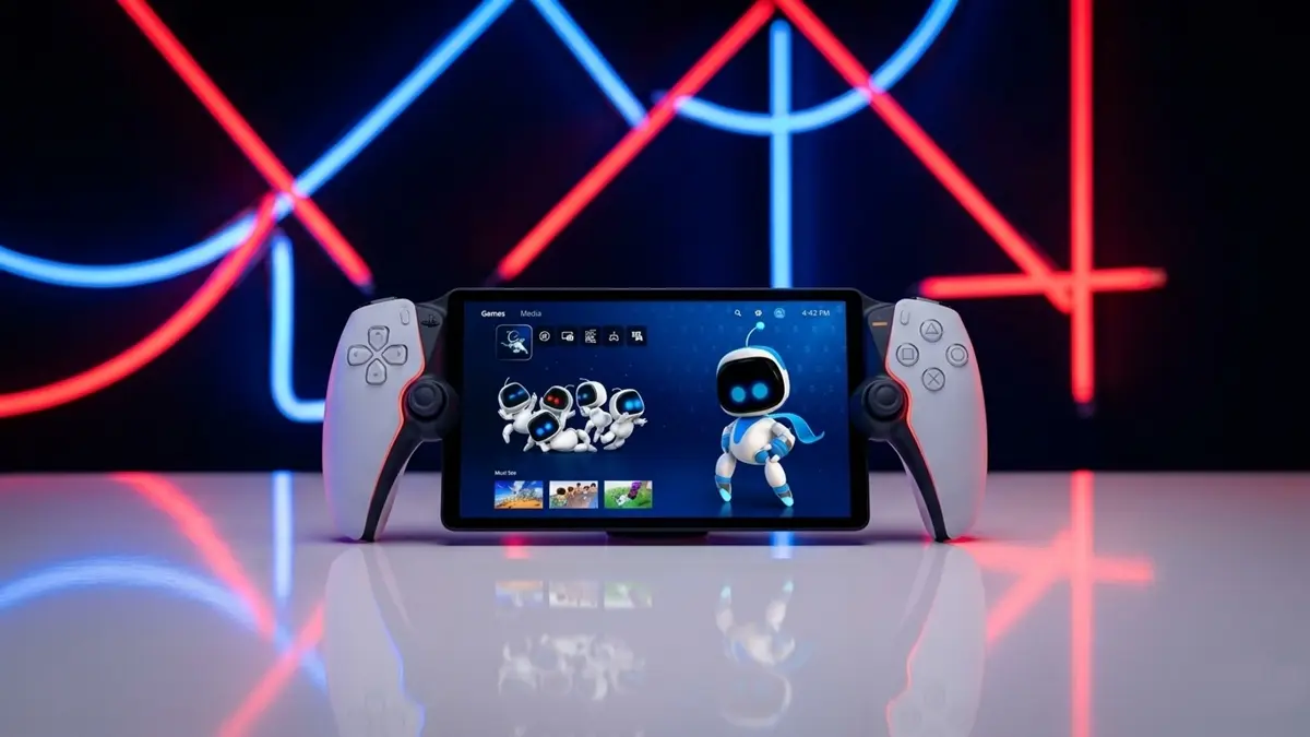 Um playstation portatil sobre uma mesa branca - playstation portal