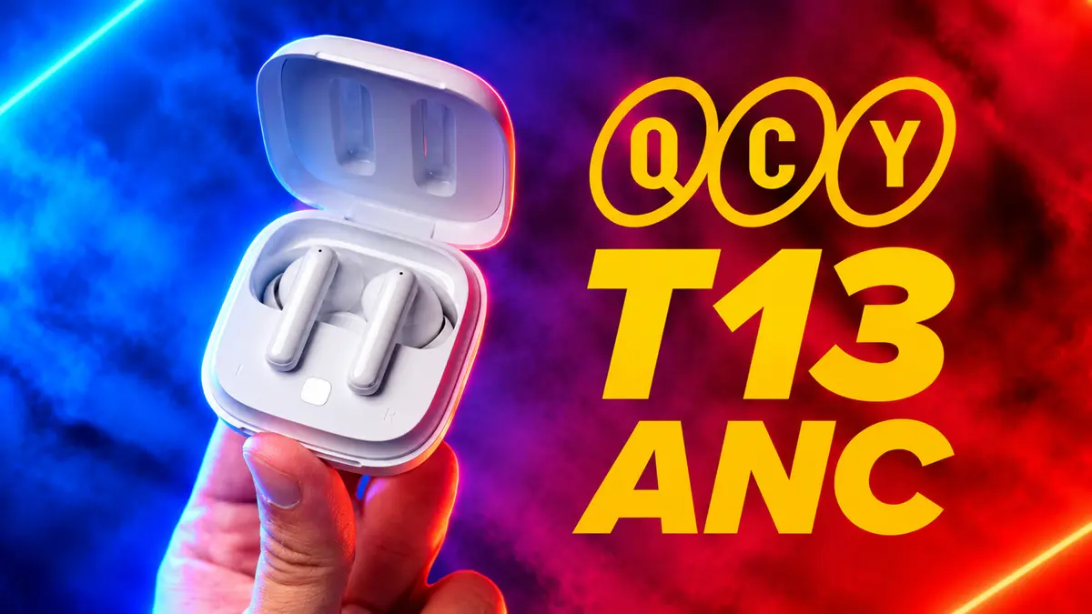 Fone QCY T13 ANC cor branco em um fundo neon azul e vermelhor