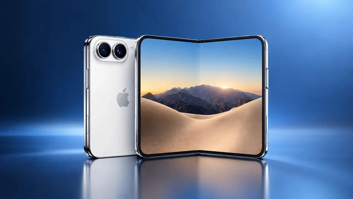 iPhone Duo da Apple aberto mostrando tela dobrável interna de 7,58 polegadas