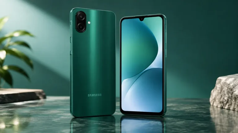 Galaxy A08 verde com entalhe em U e câmera dupla na traseira