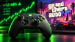 GTA 6 no Xbox Series X e gráfico de mercado mostrando proporção de pré-vendas e fatia de consoles.