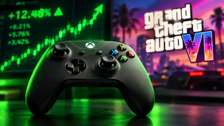 GTA 6 no Xbox Series X e gráfico de mercado mostrando proporção de pré-vendas e fatia de consoles.