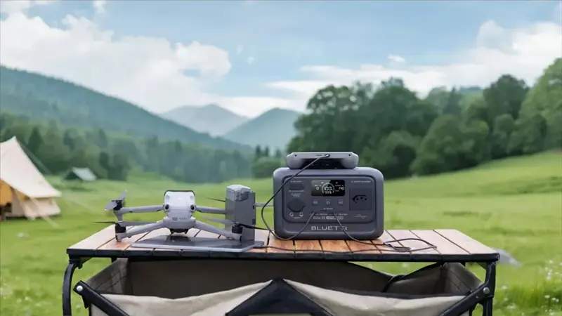 Estação de energia Bluetti elite 30 v2 sobe uma mesa de madeira ao lado de um drone, controle e baterias.