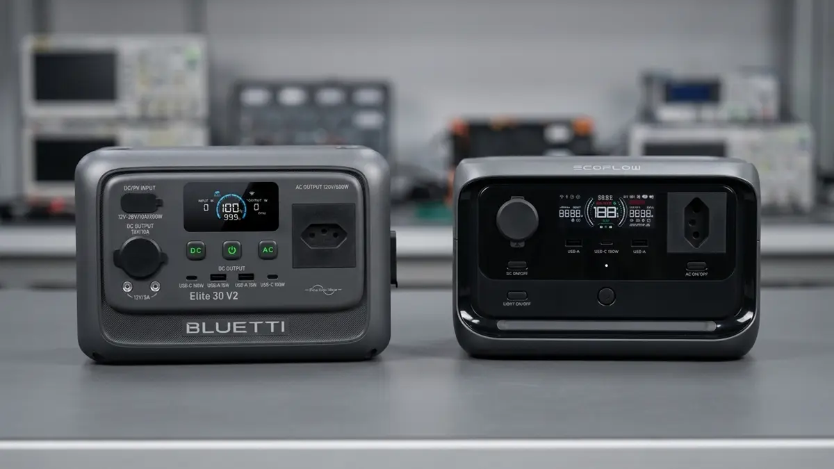 BLUETTI Elite 30 V2 e EcoFlow River 3 Plus posicionadas lado a lado em uma bancada profissional de testes.
