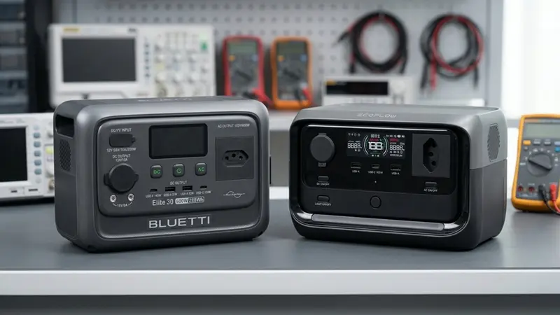 BLUETTI Elite 30 V2 ou EcoFlow River 3 Plus lado a lado na bancada de testes, com destaque para os gabinetes e os acabamentos.