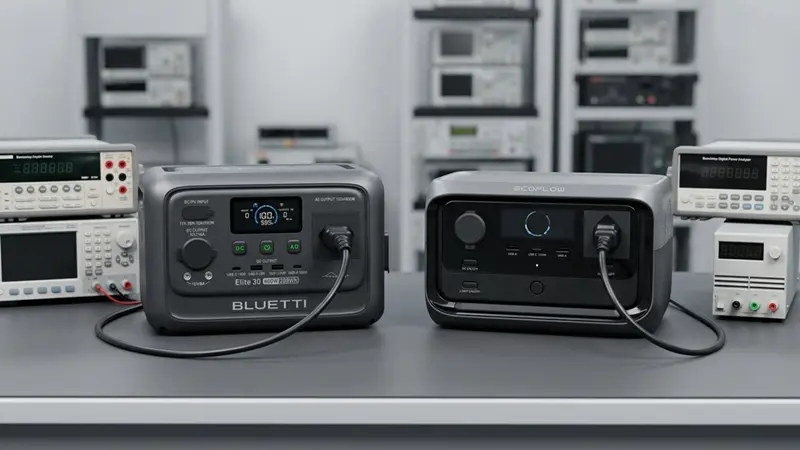 BLUETTI Elite 30 V2 e EcoFlow River 3 Plus conectadas a equipamentos de medição em uma bancada de testes elétricos.