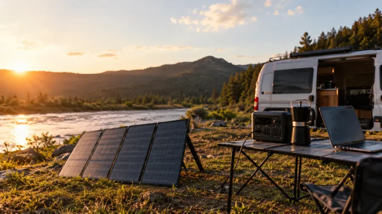 Painel solar portátil aberto em uma clareira de camping à beira de um rio, conectado a uma estação de energia sobre uma mesa dobrável, com uma van de viagem ao fundo durante o fim de tarde.