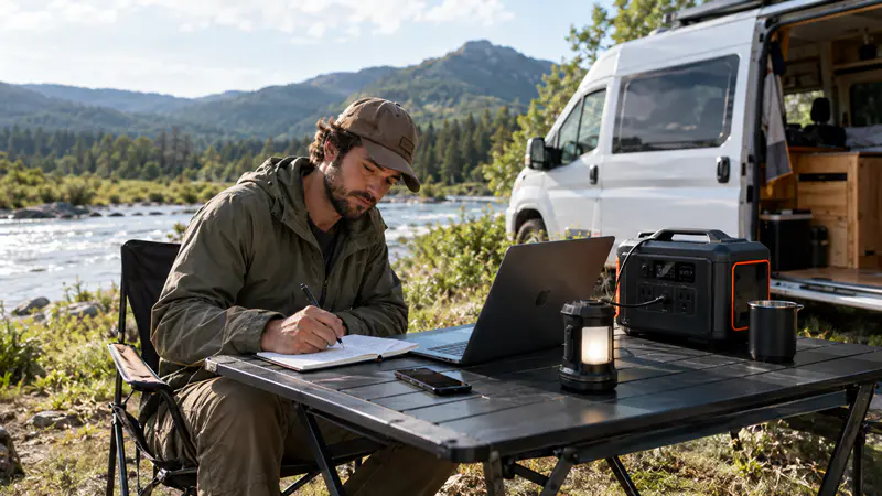Pessoa sentada em cadeira de camping anotando em um caderno ao lado de uma estação de energia, notebook e smartphone sobre uma mesa dobrável, com uma van de viagem ao fundo em uma clareira à beira do rio.