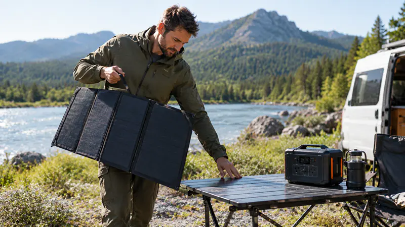 Pessoa em roupas de trilha carregando um painel solar portátil dobrável pela alça e posicionando-o sobre uma mesa de camping, com uma van e montanhas ao fundo.