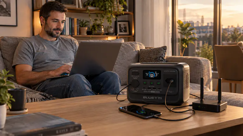 Homem usando um notebook no sofá enquanto uma estação de energia portátil alimenta o notebook, um smartphone e um roteador Wi-Fi sobre a mesa de centro, em uma sala de estar iluminada pela luz do fim de tarde.