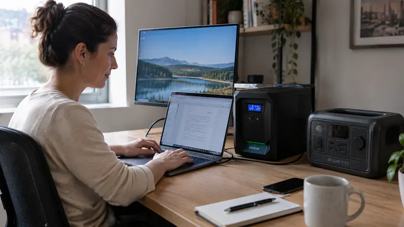 Mulher trabalhando em um home office enquanto um nobreak entra em modo bateria durante uma queda de energia, mantendo o notebook e o monitor ligados sem interrupção.