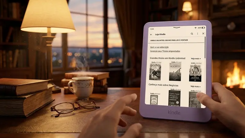 Uma pessoa com um Kindle 16 gb cor roxo.