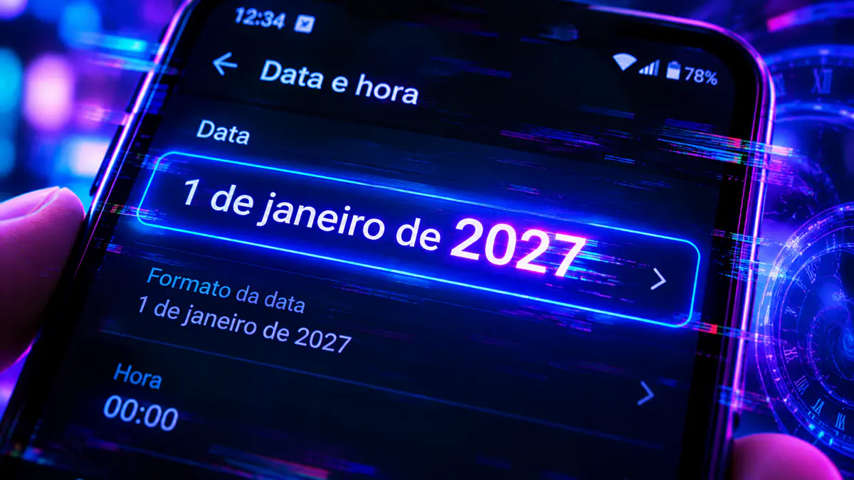 Tela de configurações do Android mostrando erro de atualização para o ano de 2027 após falha do Google.