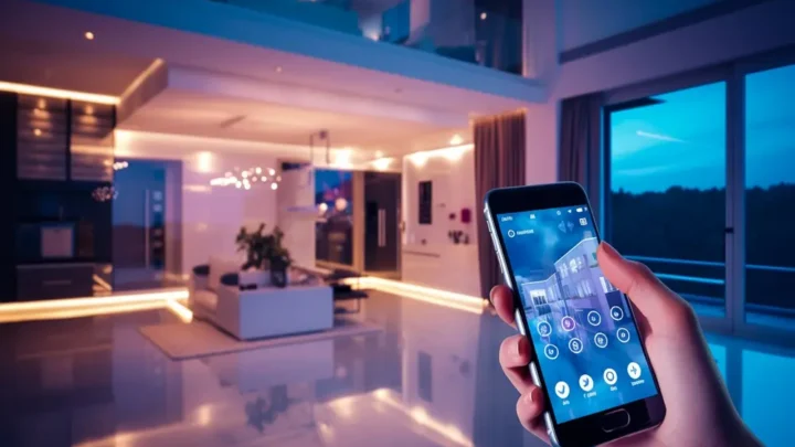 Mão segurando um smartphone, exibindo tela de um app para controlar iluminação da casa inteligente.