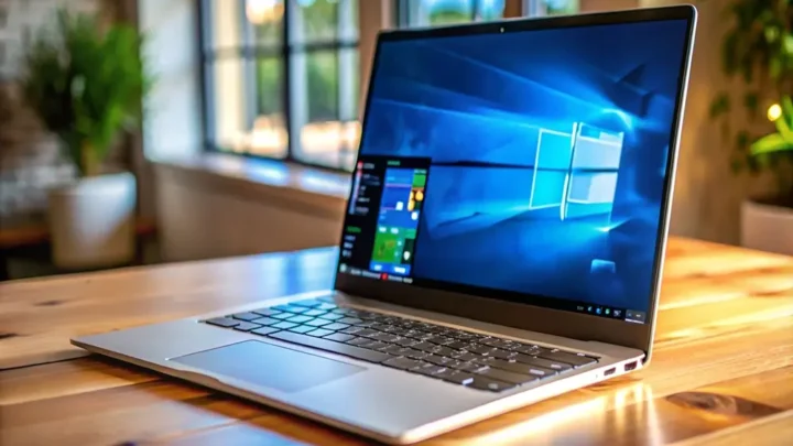 Um notebook sobe uma mesa de madeira aberto com a tela do w11.