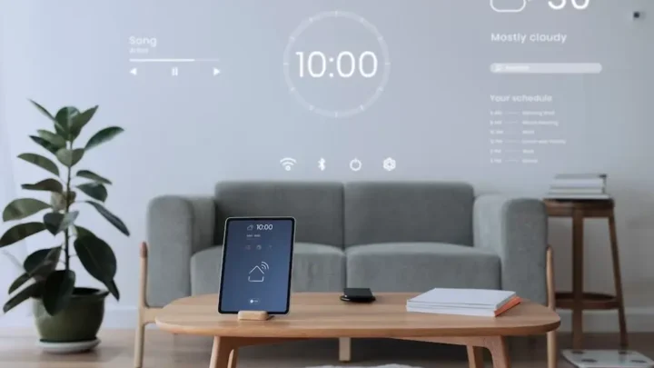Uma sala de estar moderna com uma mesa de centro e um tablet exibindo uma interface de casa inteligente, projetando a hora e o clima na parede.