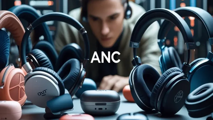 Vários fones de ouvido Bluetooth com ANC sobre uma mesa e uma pessoa ao fundo.