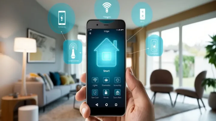Uma pessoa segura um smartphone exibindo um aplicativo de casa inteligente, com ícones de iluminação, segurança e conveniência, em uma sala de estar moderna.