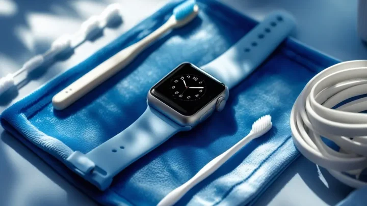 Um Apple Watch sobre um pano azul com utensílios de limpeza.