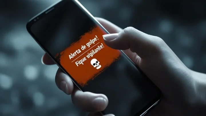 Uma mão segurando um smatphone com uma mensagem de alerta. Como não cair em golpes na internet.