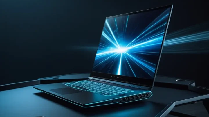 Notebook cor preto em um fundo escuro com luzes azuis.