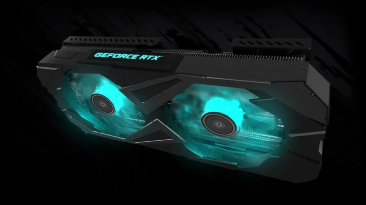 Placa de vídeo Galax com leds verdes em um fundo escuro