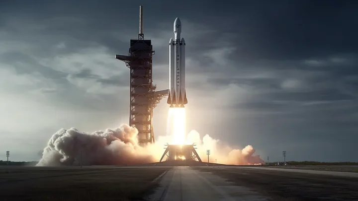 IPO da SpaceX, foguete decolando de sua base.