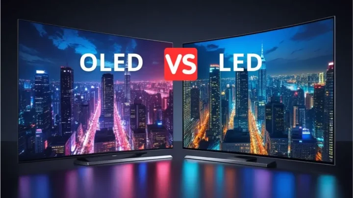OLED Vs. LED, qual a melhor. Duas tvs tela plana lado a lado.