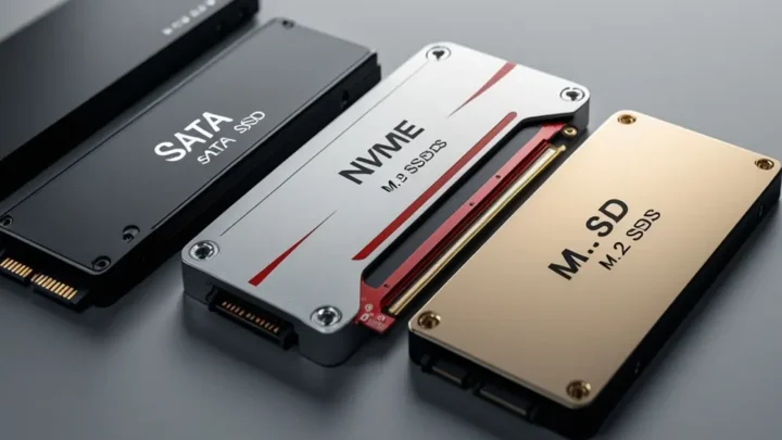 Varios tipos de SSD para computadores sobe uma superfície preta. SSD Melhora o Desempenho do PC