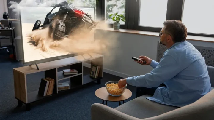 Uma pessoa assistindo smart TV 4k na sala e comendo um petisco.