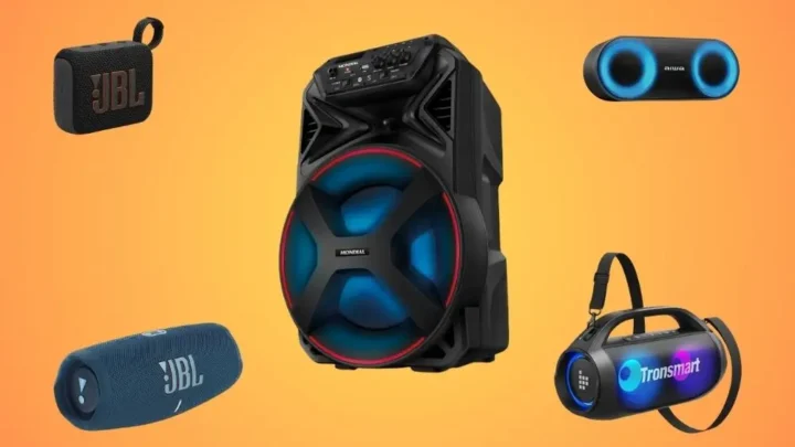 Várias caixas de som Bluetooth em um fundo degrade.