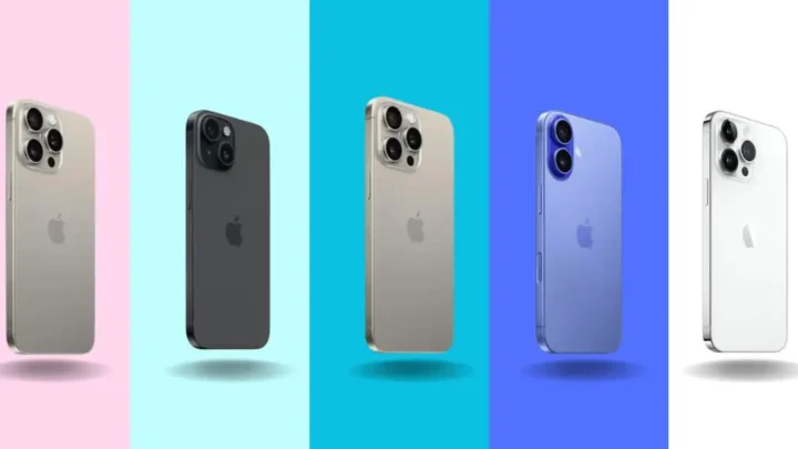 Cinco iphones com câmeras duplas e triplas em fundo gradiente de cores.